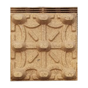Higrade 1050 × 1050 mm presswood pallet, top deck with 3 × 3 moulded bosses and cross-arc ribs — nestable fumigation-free moulded wood pallet.